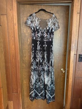 Black Maxi Dress with White Embroidered Lace Detailing